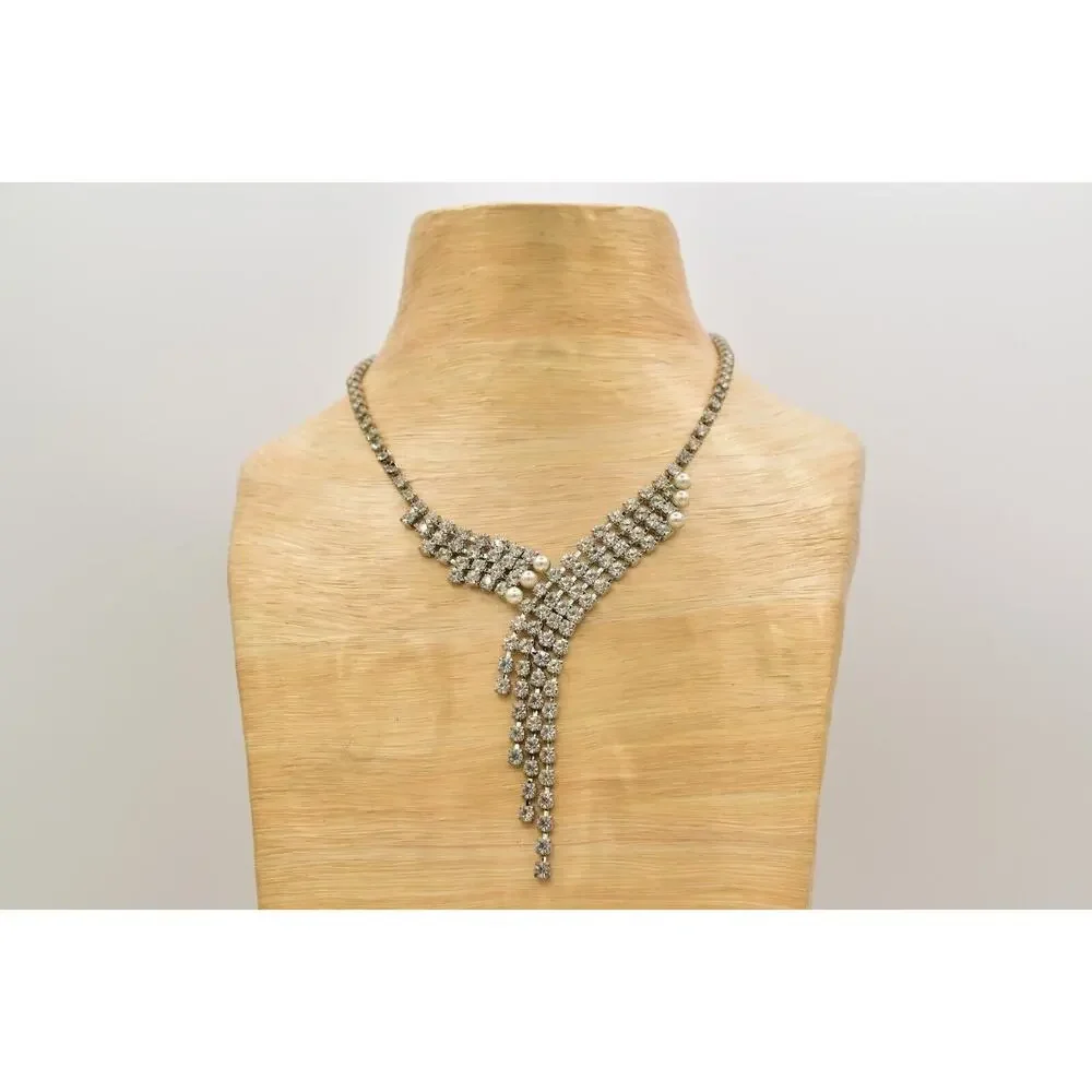 Vintage Crystal Collar Choker Necklace Pearl Silver Chunky Glam 1980s BinBJ